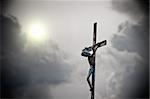 Cross with jeus in front of dark clouds