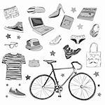 urban hipster accesories, smart grey scale doodles isolated on white