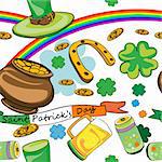 Saint Patrick's Day pattern, doodles and rainbow over white