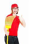 Teenage girl holding a broom, excited about her first job.  Isolated on white.