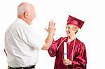 Senior woman graduating from high school gets a high five from her husband.  Isolated on white.