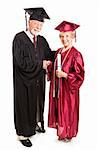 Senior woman graduating and receiving her degree from the dean.  Isolated on white, full body.