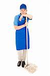 Unhappy teenage girl, with her first job, leaning on a mop.  Full body isolated on white.