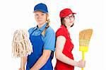 Two teenage girls with their first jobs.  Both are bored and unhappy.  Isolated on white.