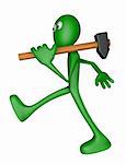 green guy with big hammer - 3d illustration