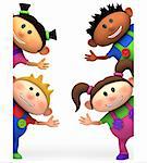 cute little cartoon kids waving from behind blank sign - high quality 3d illustration