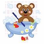 Teddy bear showering in bath, vector. .