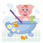 Piggy showering in bath, vector. .