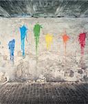 Aged street wall background with colorful paint splashes