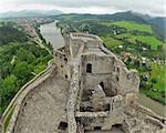 aerial photo of Strecno Castle near city Zilina, Slovakia. Vah river in background.