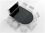 rounded table, chairs and screen for presentations in modern meeting room