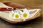 wooden plate and daisy on wooden background