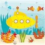 Vector illustration of cartoon submarine investigates the ocean
