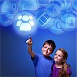 Kids accessing cloud computing applications from virtual space - futuristic abstract