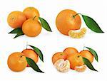 Set of ripe tangerines with leaves and slices isolated on white background