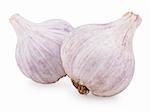 Closeup of two purple garlic isolated on white background