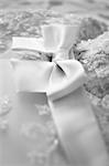 A close up of a bridesmaid dress with a large silk bow