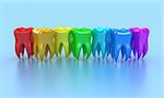 Illustration of a row multicoloured teeth on a blue background