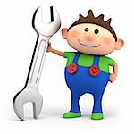 cute little cartoon boy with wrench - high quality 3d illustration
