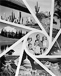 1960s MONTAGE PORTRAIT OF FAMILY MOTHER FATHER SON DAUGHTER IN SUN BURST PATTERN OF USA TRAVEL VACATION DESTINATIONS