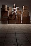 Teenage girl in pile of cardboard boxes