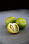 Close up of halved tomatillo
