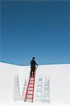 Businessman climbing ladder, rear view