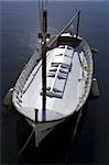 Single wooden white fishing boat, port cala bona, mallorca, majorca, spain