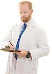 Doctor, pharmacist or laboratory worker recording information.