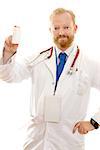Hospital worker holding a blank bottle of pills, vitamins, pharmaceuticals.