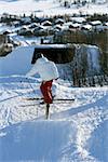 A skier sliding a rail.