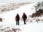Two climbers in a snow blizzard on Conwy Mountain, Conwy, Snowdonia, North Wales.