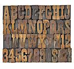 letters and numbers in vintage letterpress wood type - alphabet in French clarendon typeset