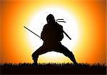 Silhouette illustration of a Ninja on grass field