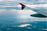 Wing of an airplane and the land below