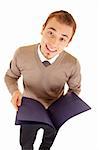 Young well-dressed man in formalwear is holding a files for documents. Isolated on white background.