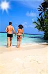 Loving couple in swimsuits holding hands walking away from the camera at the waters edge on a tropical beach