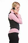 Woman employee speaking mobile phone. Side view