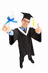 happy graduating student holding diploma  with thumbs up