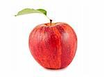 Ripe red apple with green leaf isolated on white background