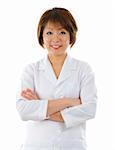Mid Adult Asian beauty spa massage therapist woman standing isolated on white background