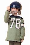 Young toddler with football helmet on white background
