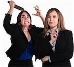 Executive woman next to angry lady with knife in her hand