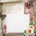 Vintage background with card, butterfly  and roses for congratulations and invitations