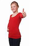 Young teenage girl with thumbs up on white background