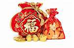 Two Chinese New Year Gift Bags and Gold Ingots on White Background