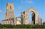 The present day Church of St Andrew, at Covehithe,  Suffolk, England, built within the shell of its predecessor, now in ruins.
