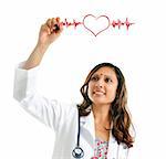 Asian Indian female doctor drawing a heartbeat over white background. Medical concept