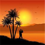 Silhouette of a kissing couple on a tropical landscape