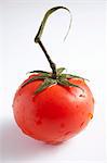 A freshly washed tomato with a stalk